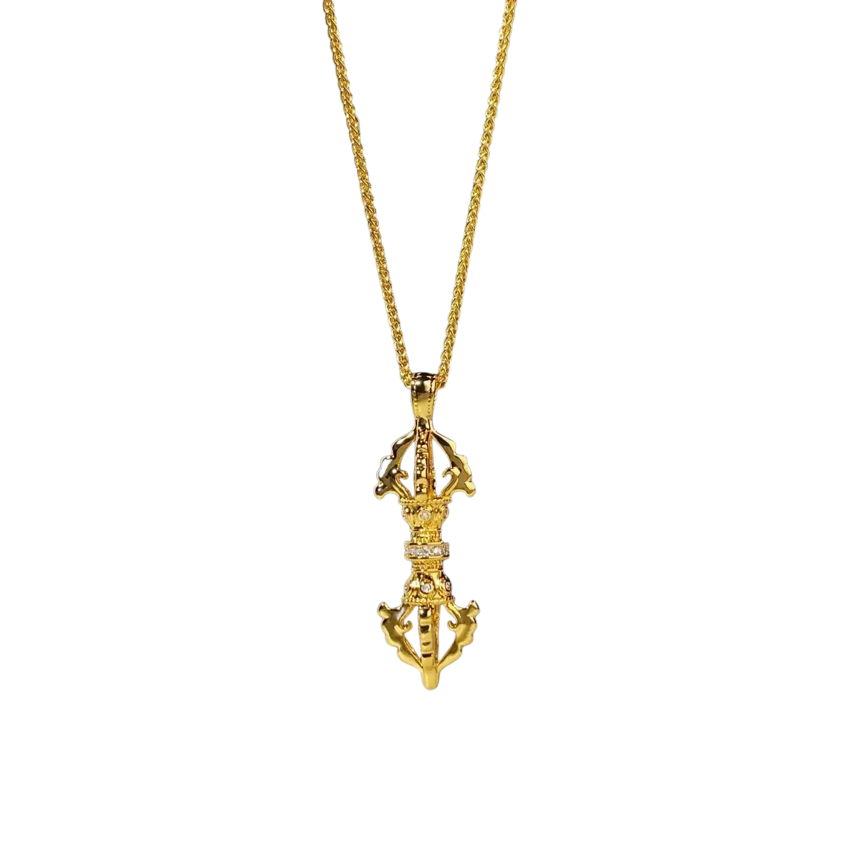 24k gold vajra pendant necklace with intricate detailing and a row of small diamonds along the center