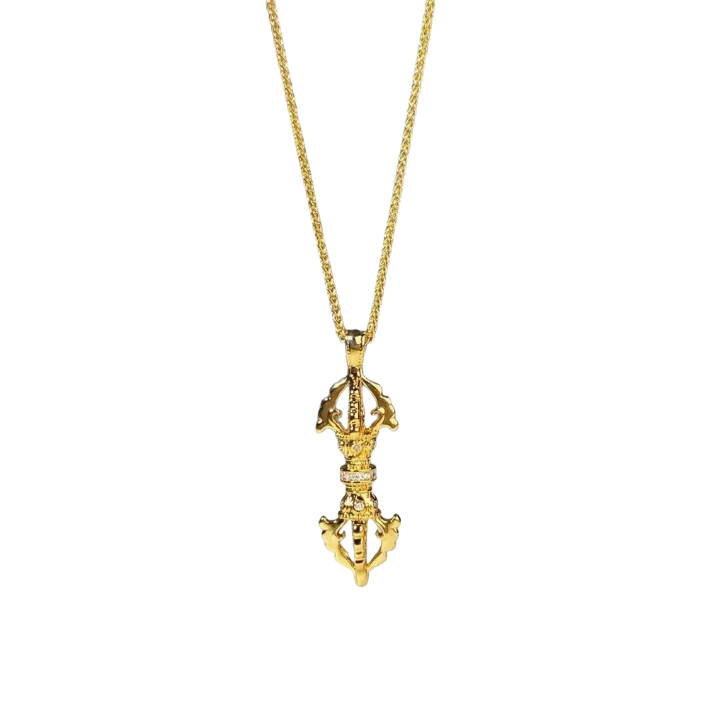 Gold-colored tibetan prayer wheel necklace with intricate design and small embedded stones in 24k gold vajra diamond pendant