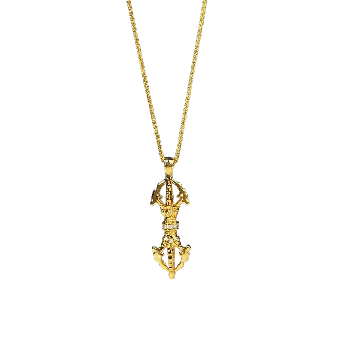 Gold-colored tibetan prayer wheel necklace with intricate design and small embedded stones in 24k gold vajra diamond pendant