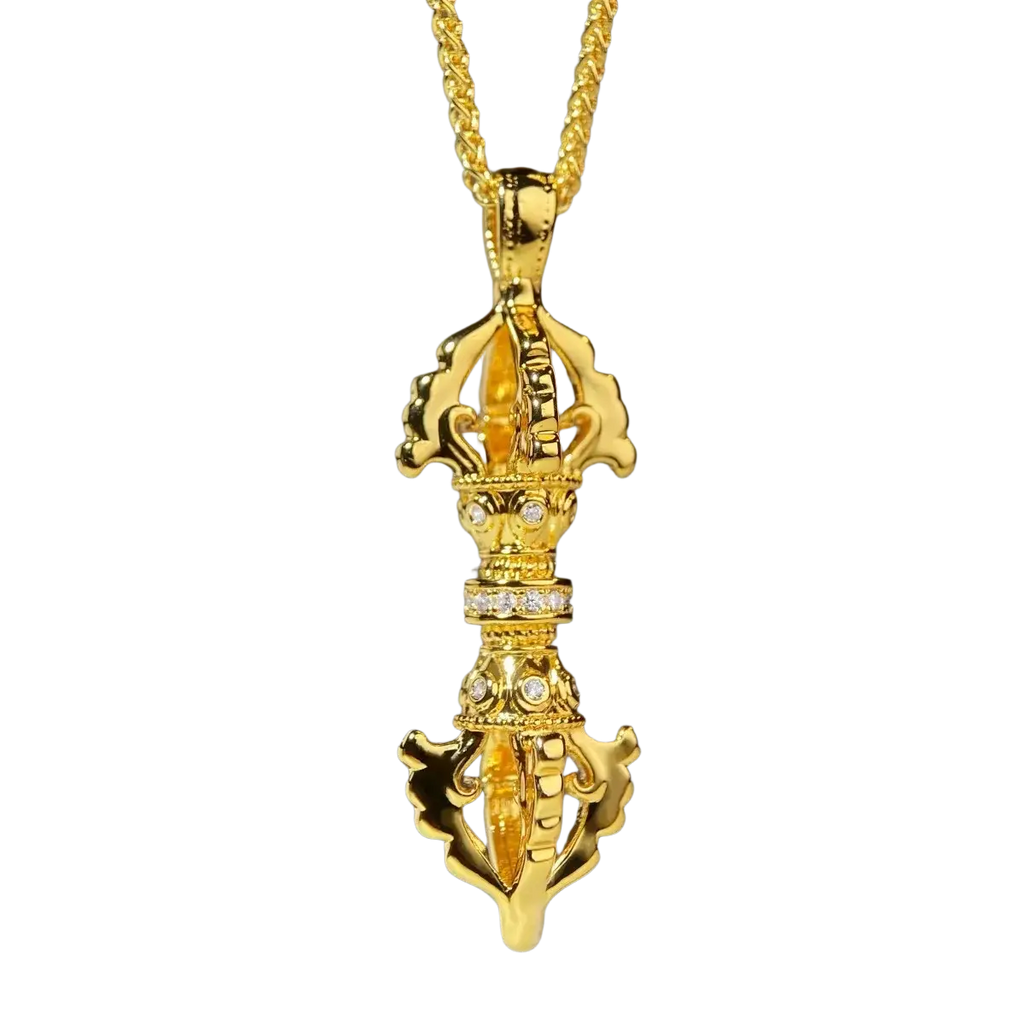 Golden 24k gold vajra pendant encrusted with diamonds on a twisted gold chain necklace