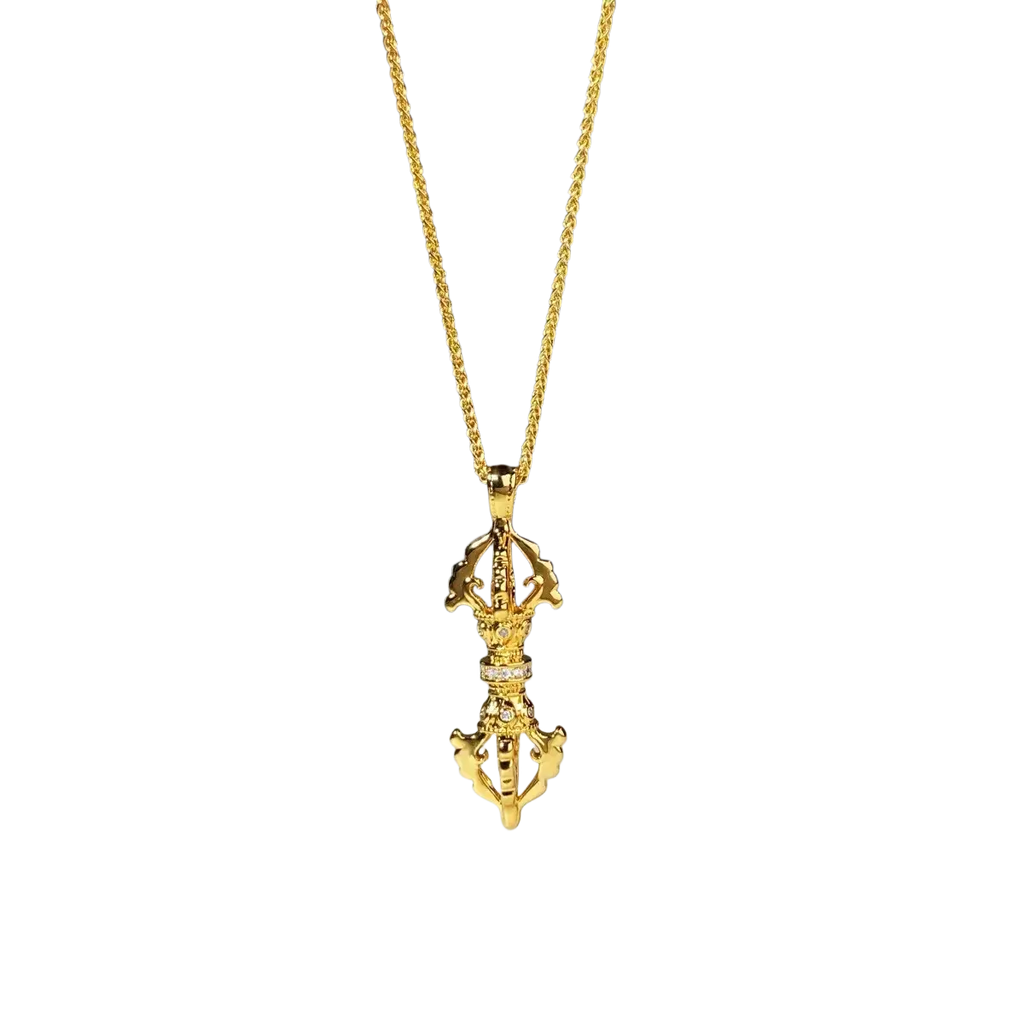 24k gold vajra diamond pendant necklace with intricate golden tibetan prayer wheel and embedded diamonds on gold chain