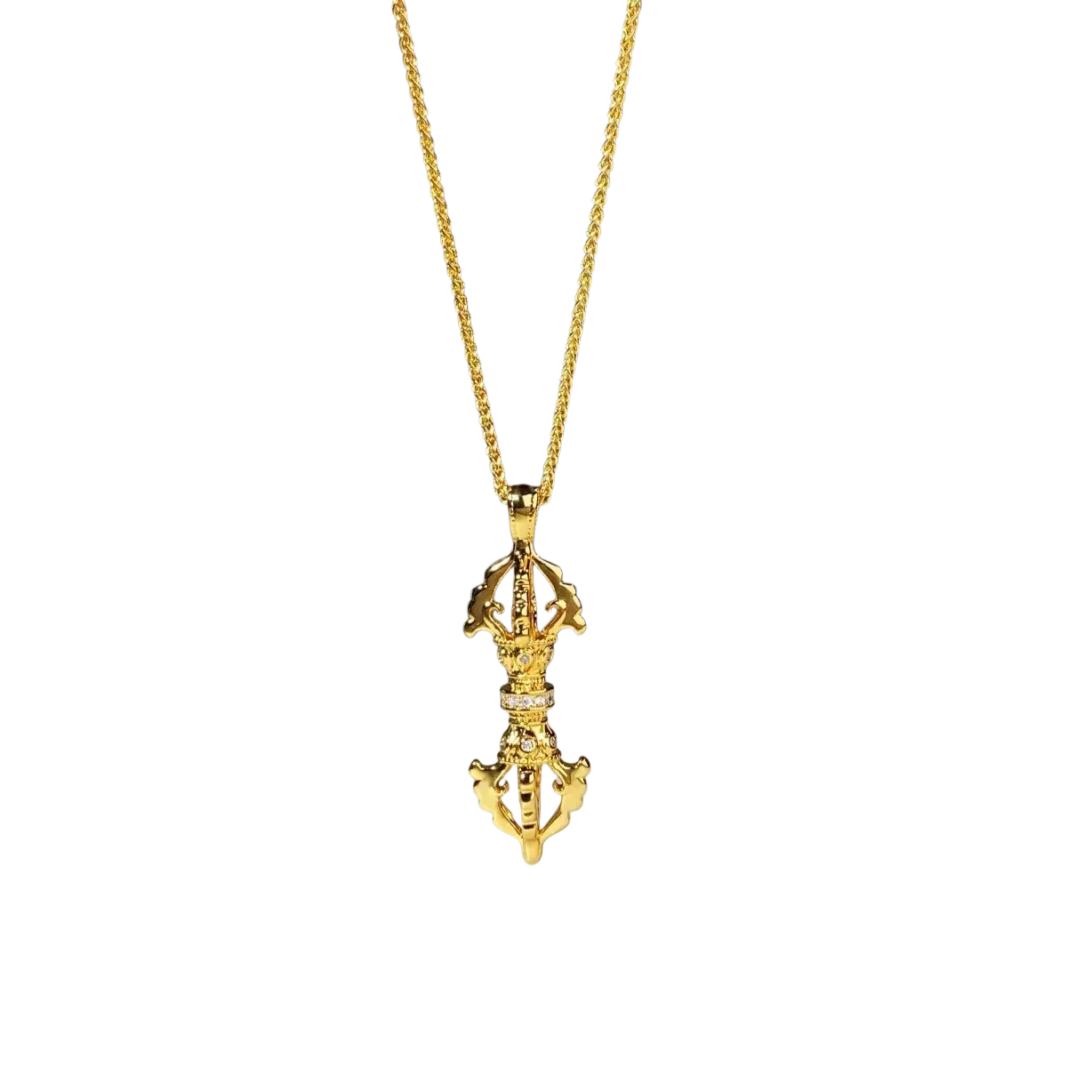 24k gold vajra diamond pendant necklace with intricate golden tibetan prayer wheel and embedded diamonds on gold chain