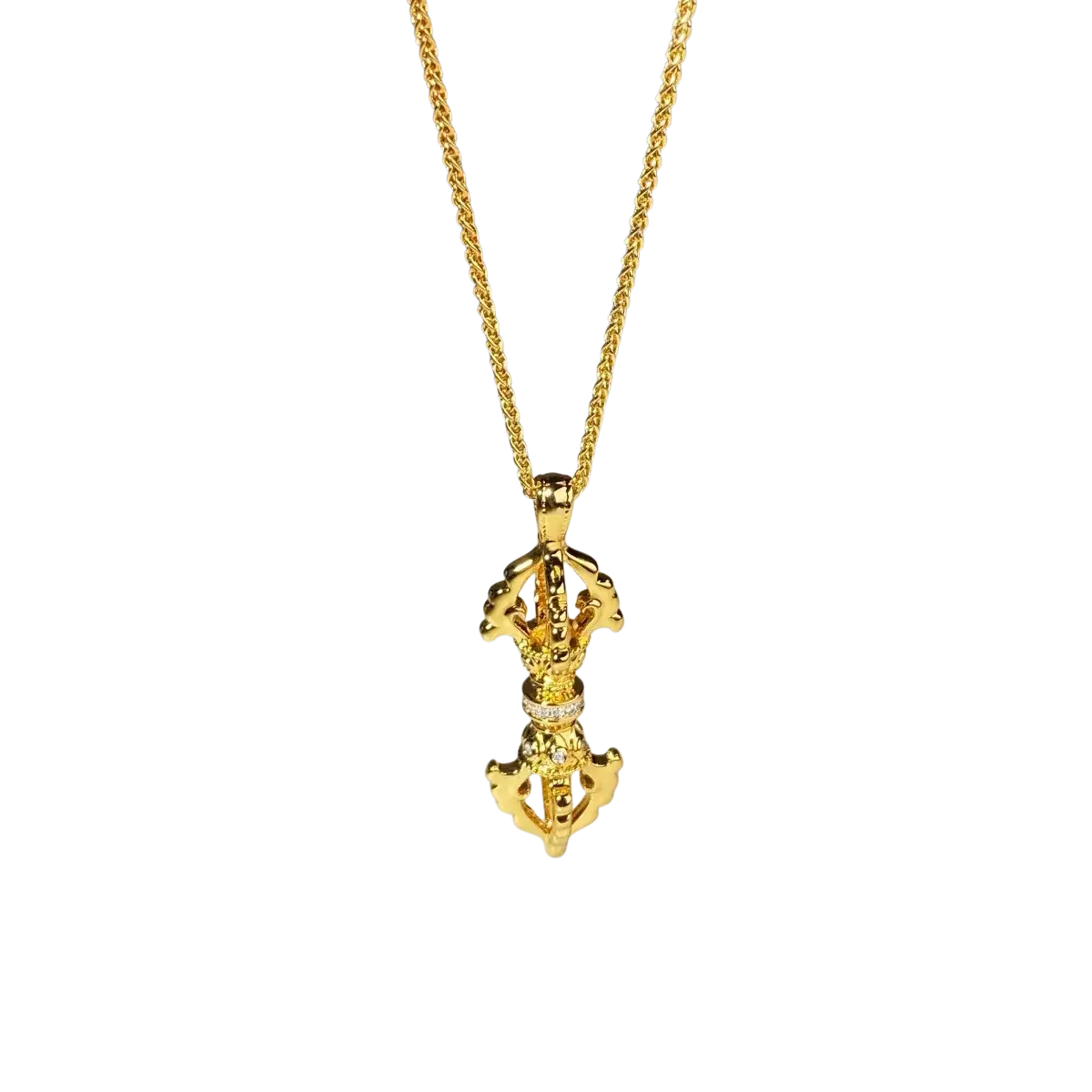 Golden tibetan prayer wheel pendant with intricate detailing and diamonds on a 24k gold vajra diamond necklace