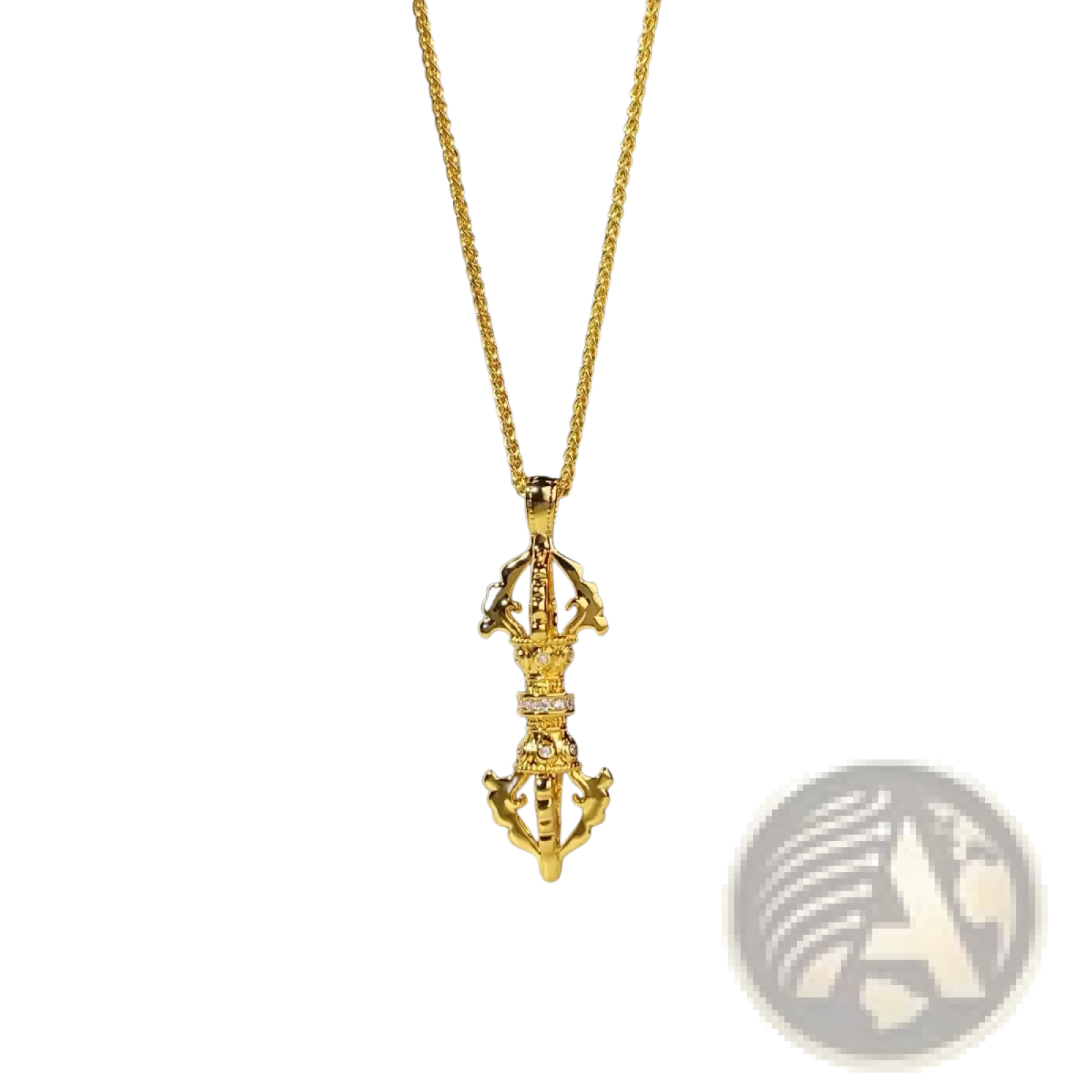 24k gold vajra pendant necklace with intricate detailing and a row of small diamonds along the center