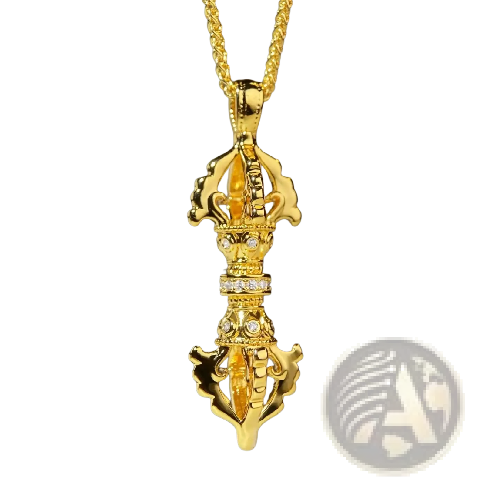 Golden 24k gold vajra pendant encrusted with diamonds on a twisted gold chain necklace