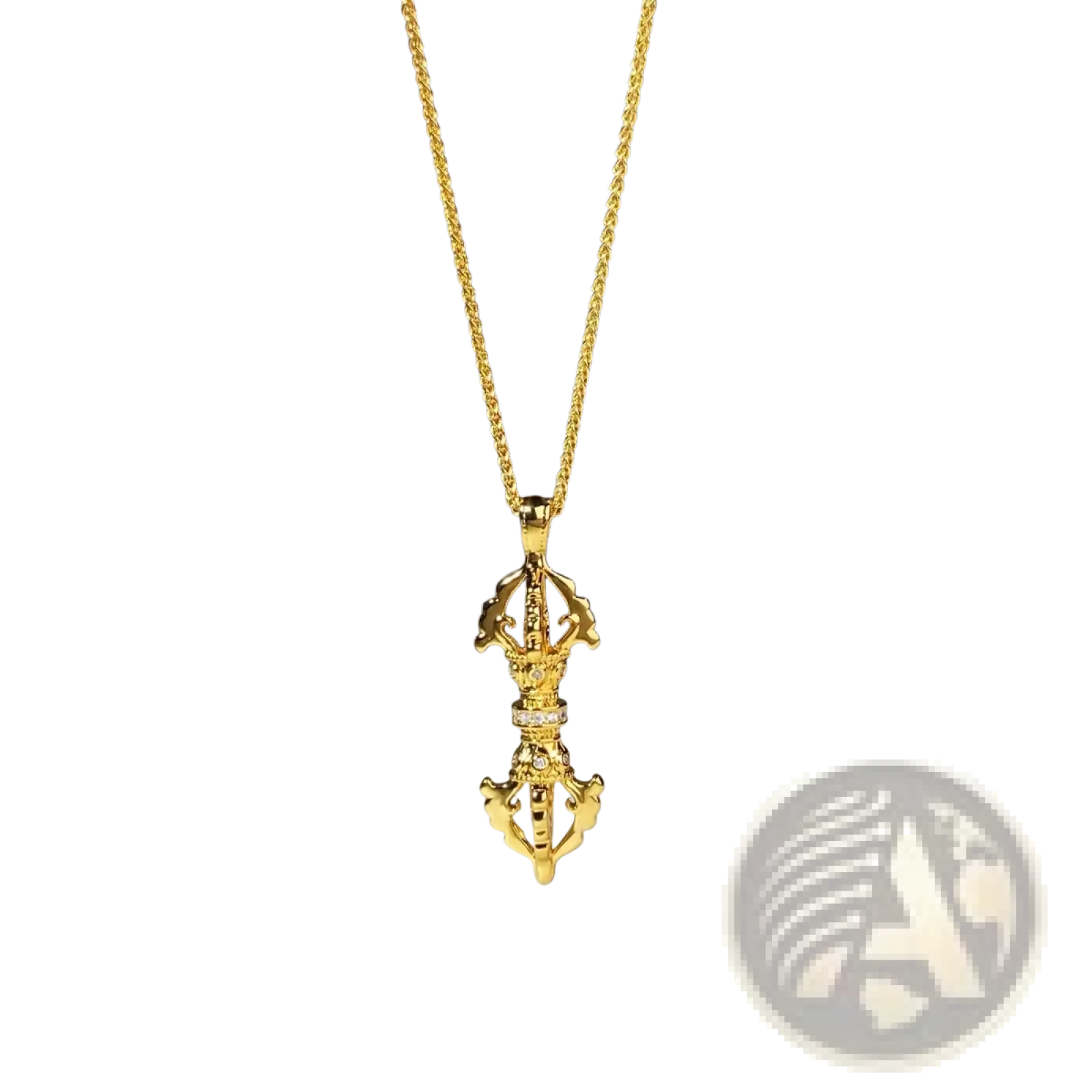 24k gold vajra diamond pendant necklace with intricate golden tibetan prayer wheel and embedded diamonds on gold chain