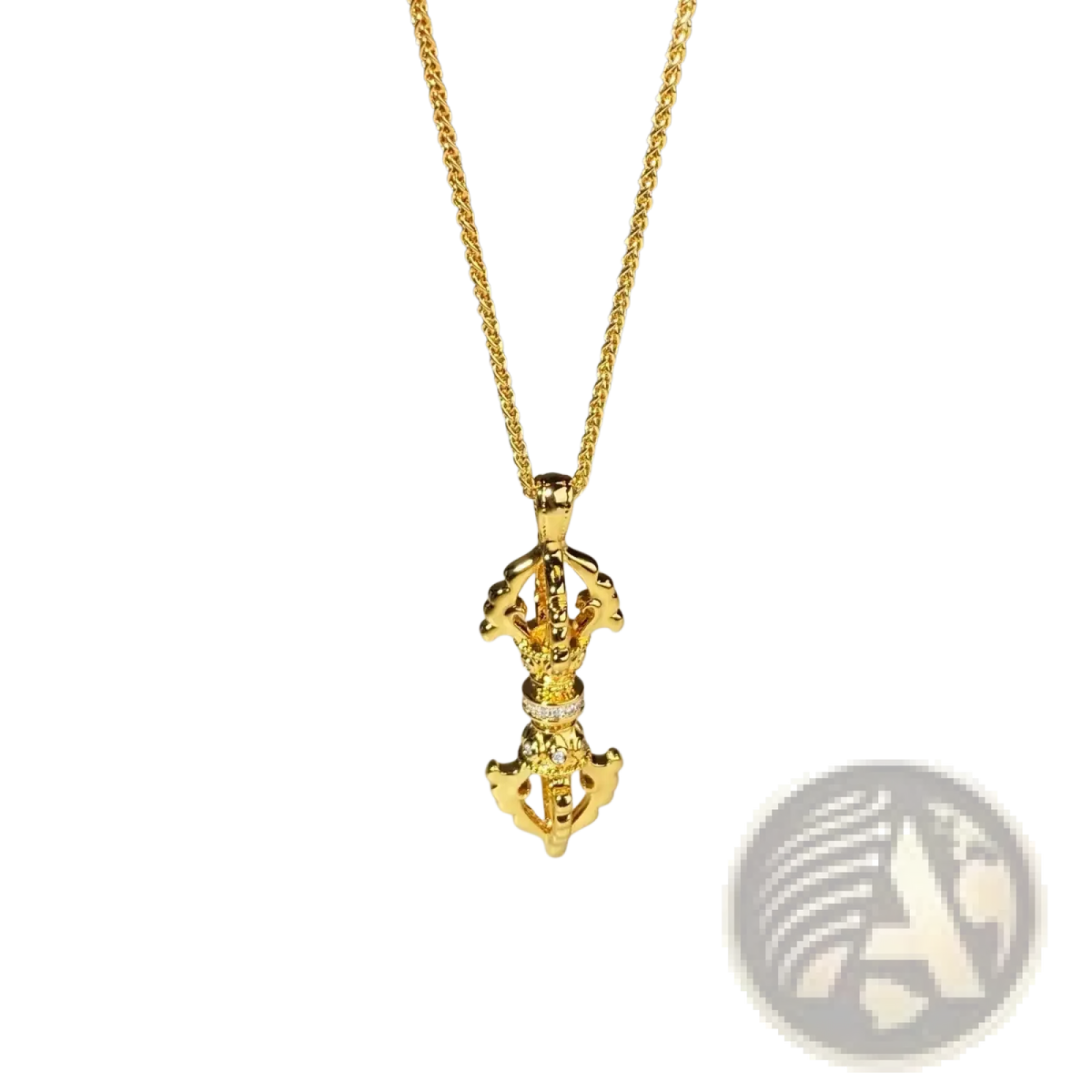 Golden tibetan prayer wheel pendant with intricate detailing and diamonds on a 24k gold vajra diamond necklace