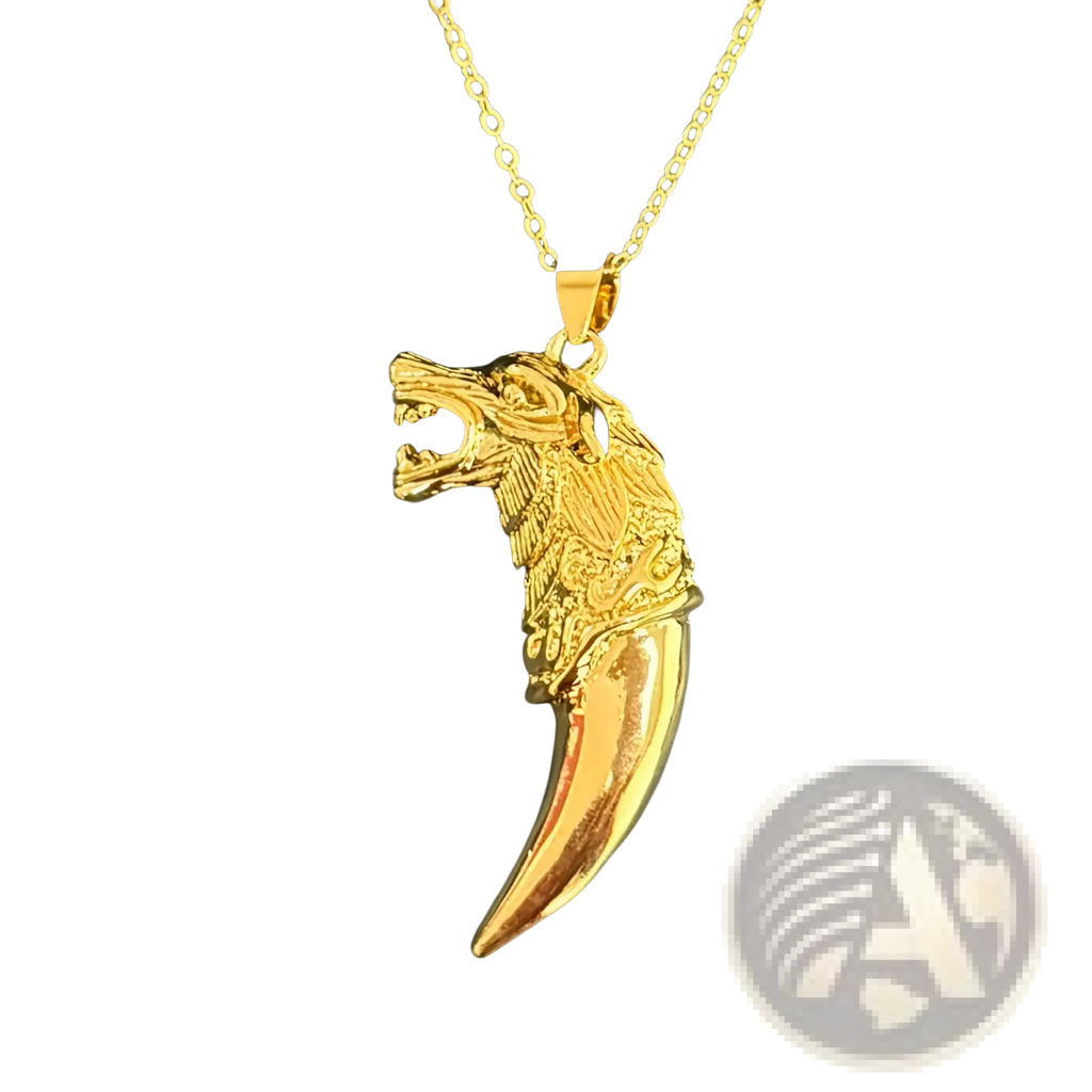 Gold 24k viking wolf totem amulet pendant necklace with intricate detailing and a prominent curved fang on chain