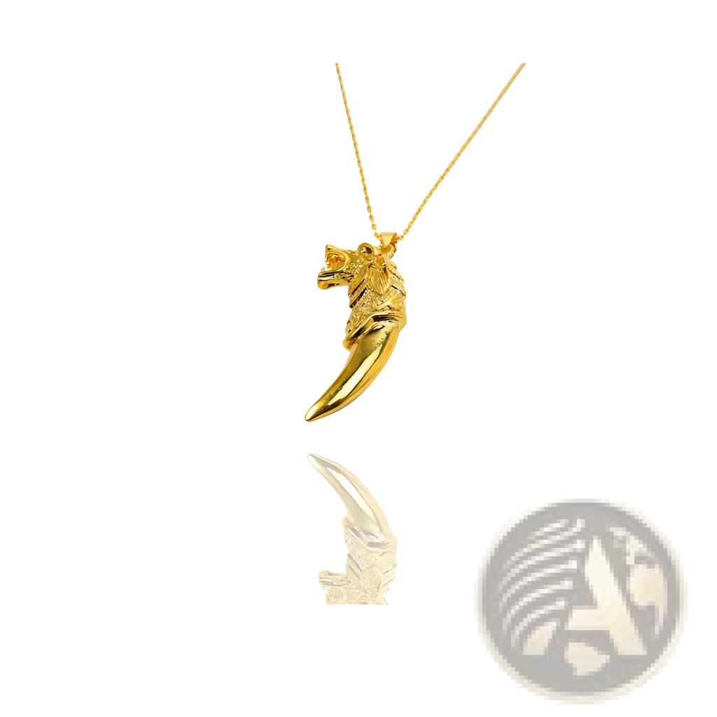 24k gold viking wolf totem amulet pendant necklace with detailed textured wolf claw design and matching gold chain