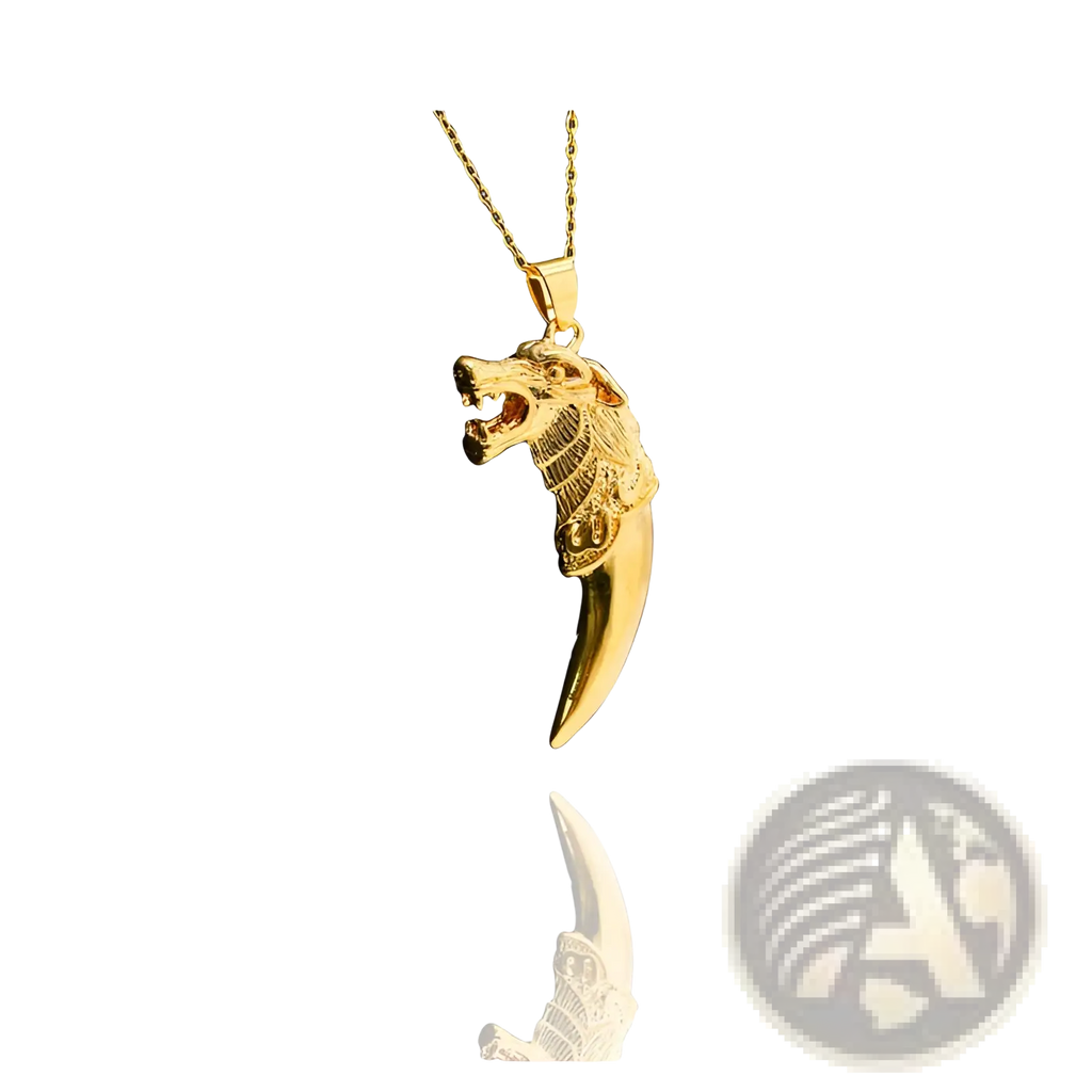 Gold 24k viking wolf totem amulet pendant necklace with an elongated sharp fang extending downward from the neck