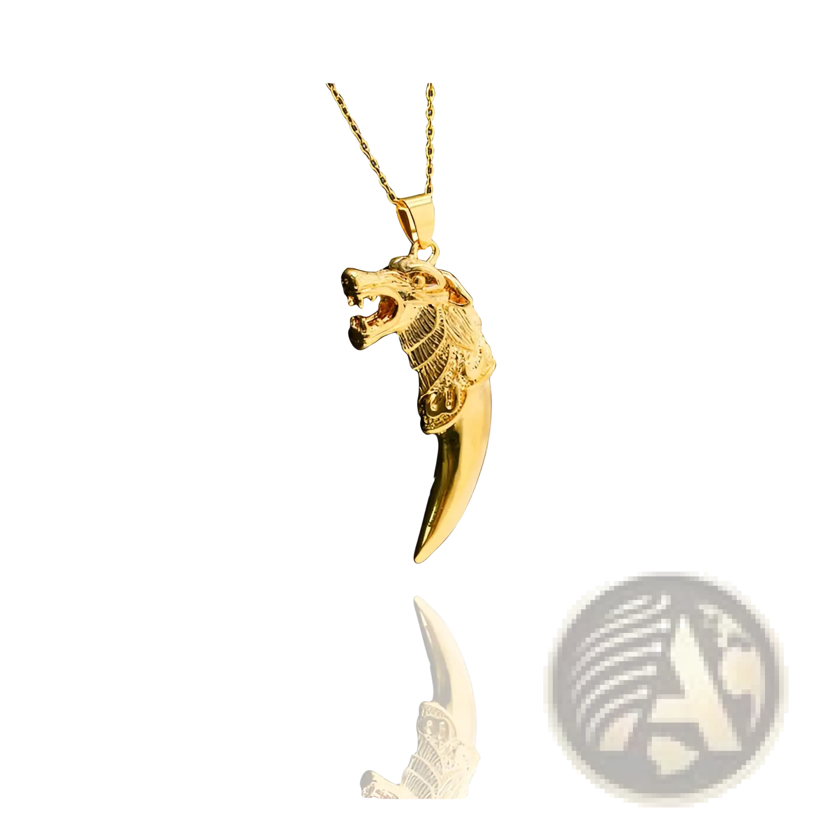 Gold 24k viking wolf totem amulet pendant necklace with an elongated sharp fang extending downward from the neck