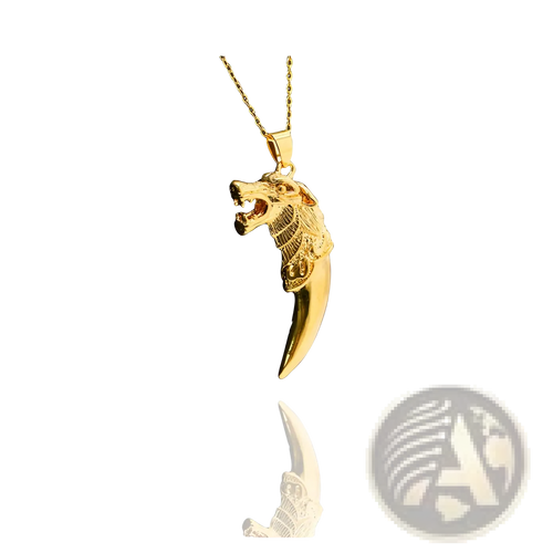 Gold 24k viking wolf totem amulet pendant necklace with an elongated sharp fang extending downward from the neck