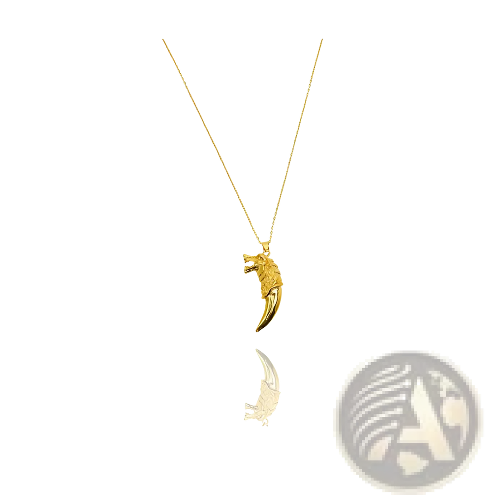 Gold-colored 24k gold viking wolf totem amulet pendant necklace featuring a detailed textured wolf claw design