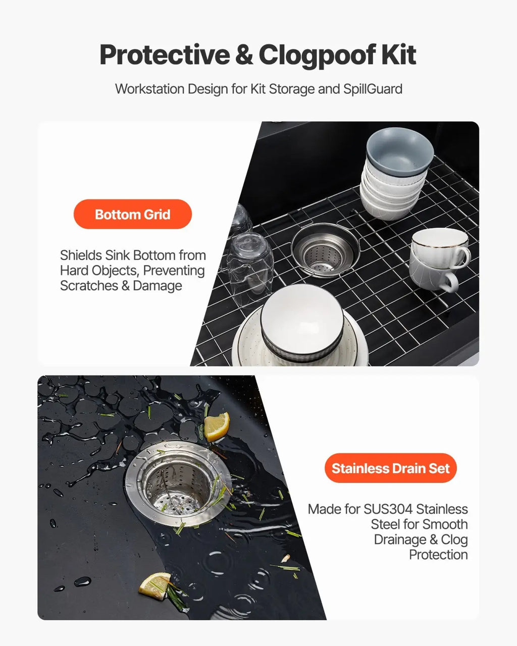 Stainless steel drain set with mesh filter for smooth drainage and clog protection in 25 inch granite kitchen sink single bowl drop-in basin