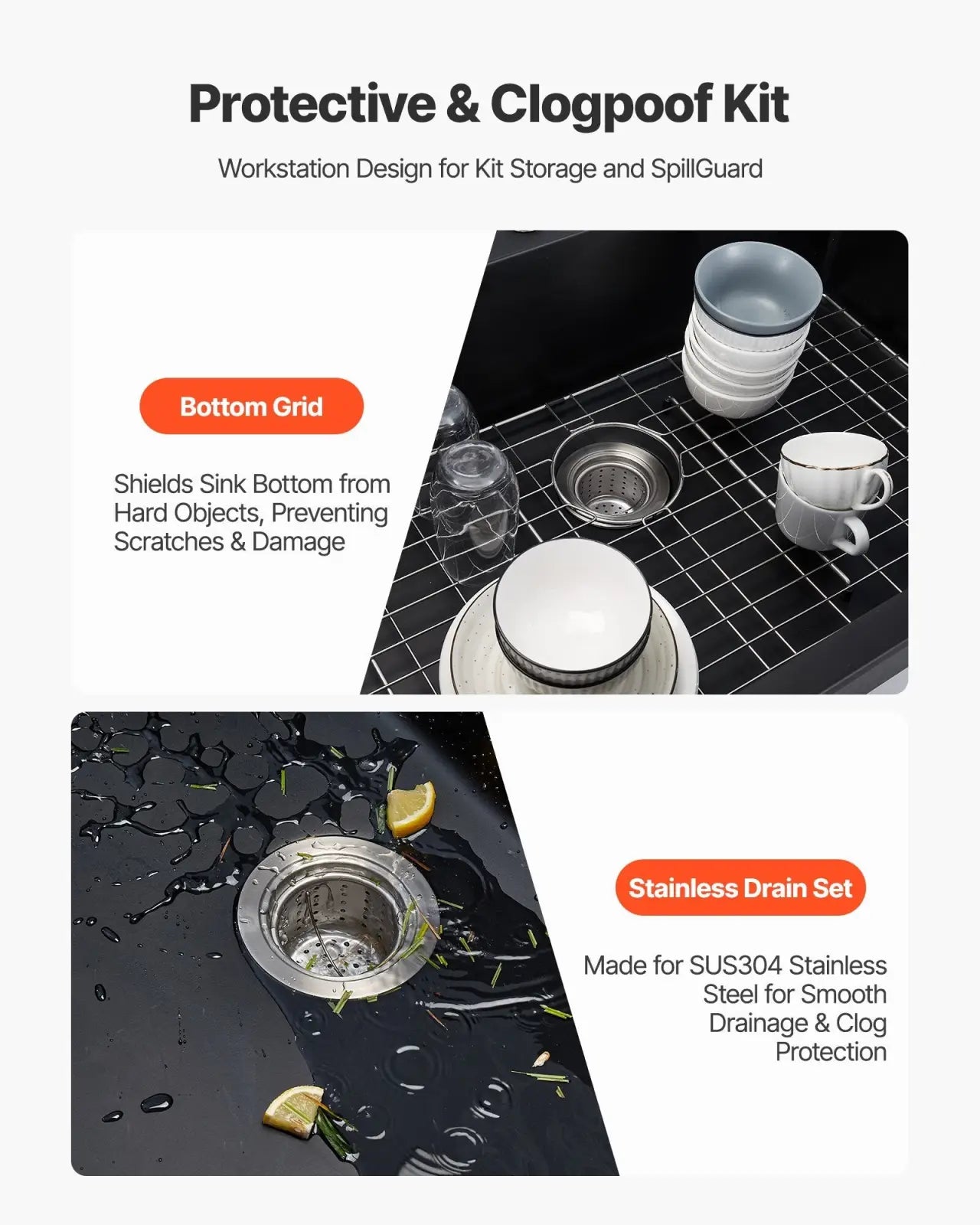 Stainless steel drain set with mesh filter for smooth drainage and clog protection in 25 inch granite kitchen sink single bowl drop-in basin