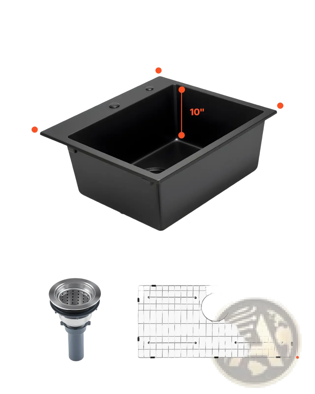 Black 25 inch granite kitchen sink single bowl drop-in basin with integrated wire rack and modern faucet