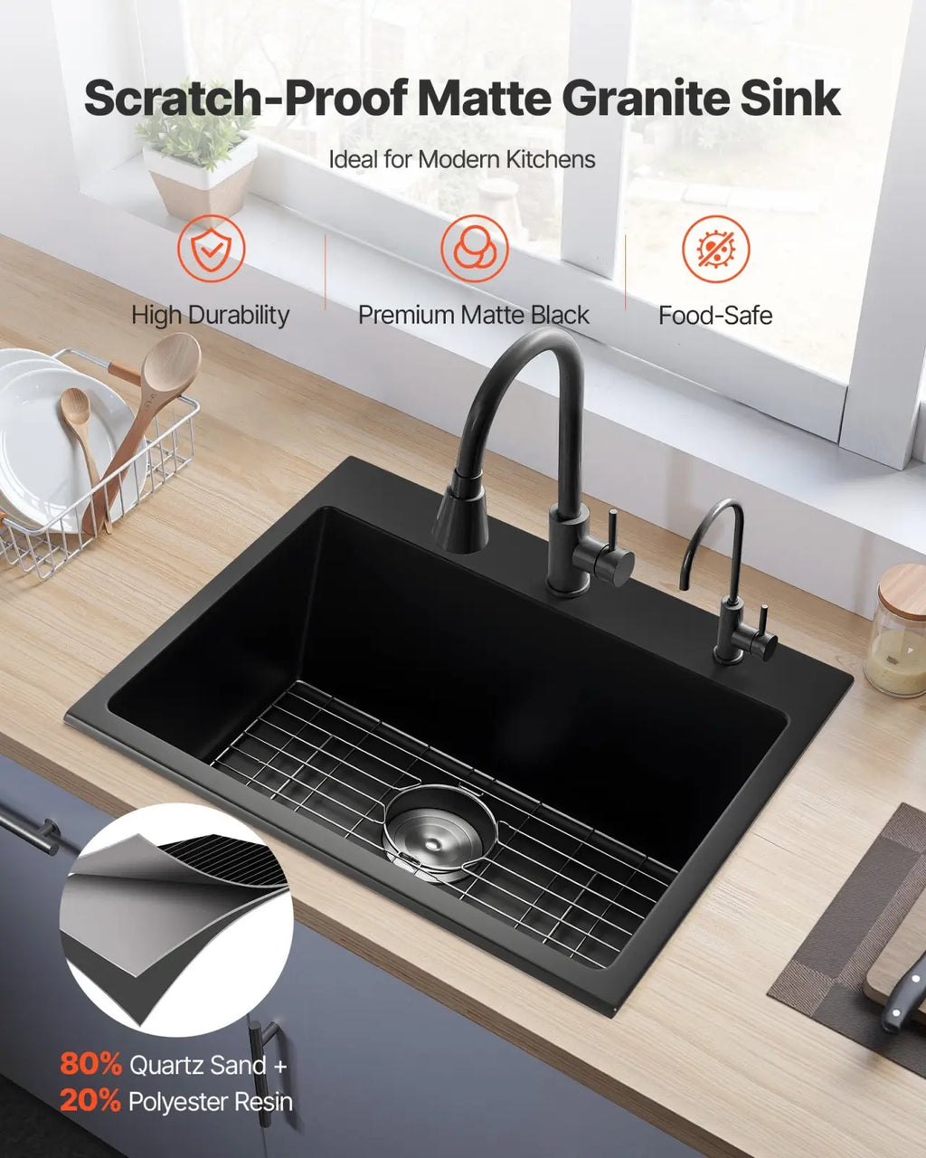 25 inch black matte granite kitchen sink single bowl drop-in basin with sleek modern design and integrated grid rack