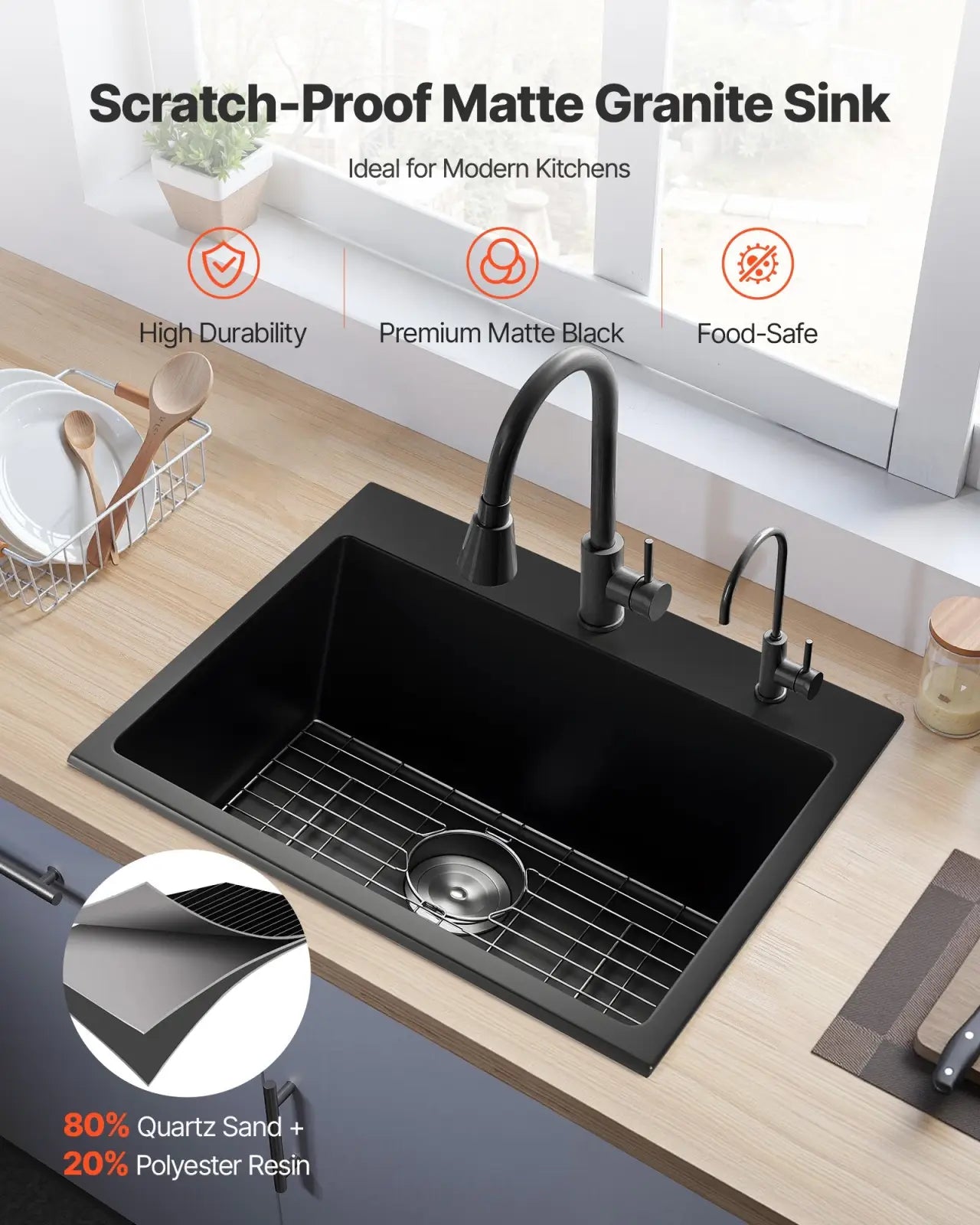 25 inch black matte granite kitchen sink single bowl drop-in basin with sleek modern design and integrated grid rack