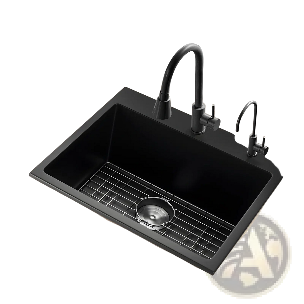 25 inch granite kitchen sink single bowl drop-in basin in black matte finish with integrated grid rack and matching faucet assembly
