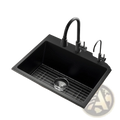25 inch granite kitchen sink single bowl drop-in basin in black matte finish with integrated grid rack and matching faucet assembly