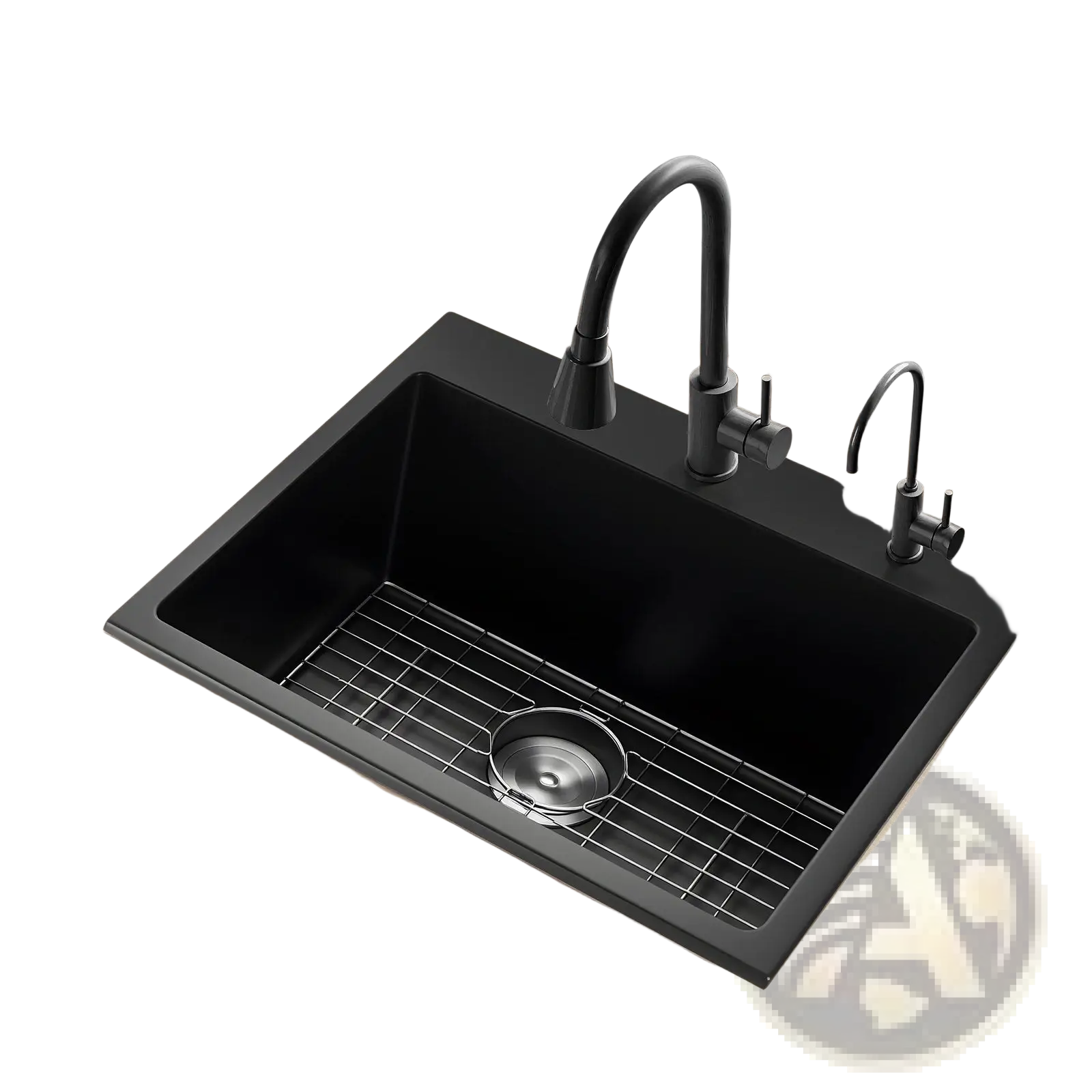 25 inch granite kitchen sink single bowl drop-in basin in black matte finish with integrated grid rack and matching faucet assembly
