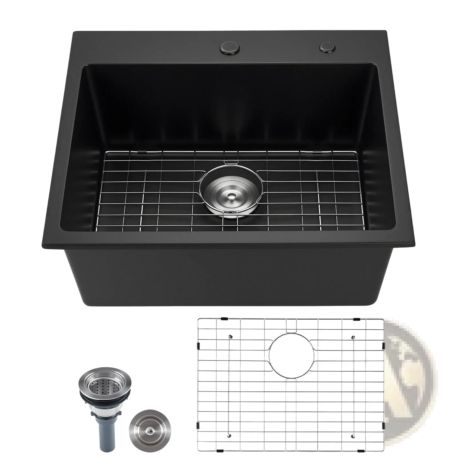 25 inch granite kitchen sink single bowl with black matte finish stainless steel drain and grid drop-in basin