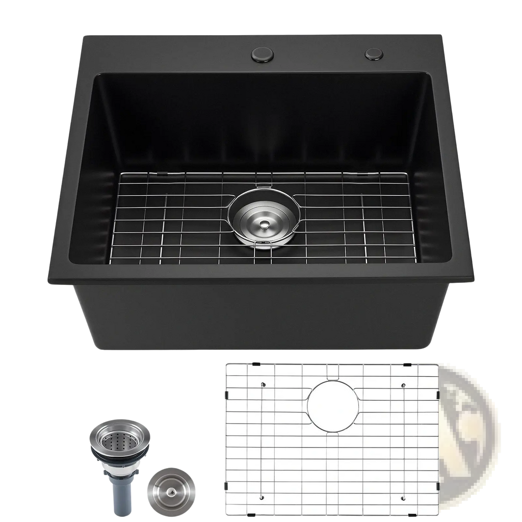 25 inch granite kitchen sink single bowl with black matte finish stainless steel drain and grid drop-in basin
