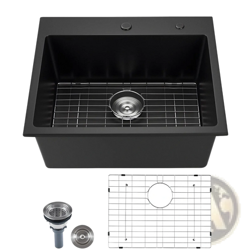 25 inch granite kitchen sink single bowl with black matte finish stainless steel drain and grid drop-in basin
