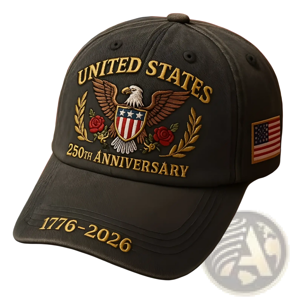 Dark gray snapback baseball cap with embroidered united states 250th anniversary golden eagle shield and american flag patch