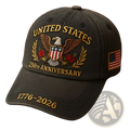 Dark gray snapback baseball cap with embroidered united states 250th anniversary golden eagle shield and american flag patch