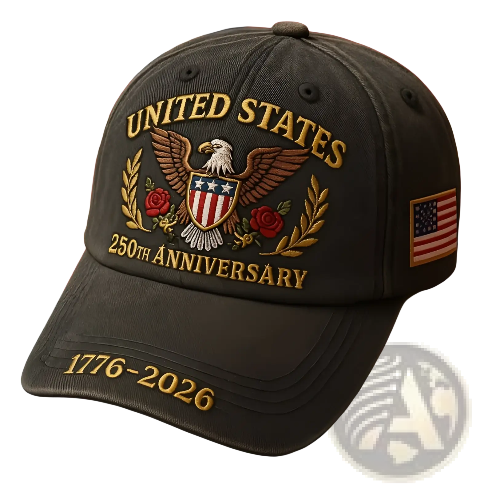 Dark gray snapback baseball cap with embroidered united states 250th anniversary golden eagle shield and american flag patch