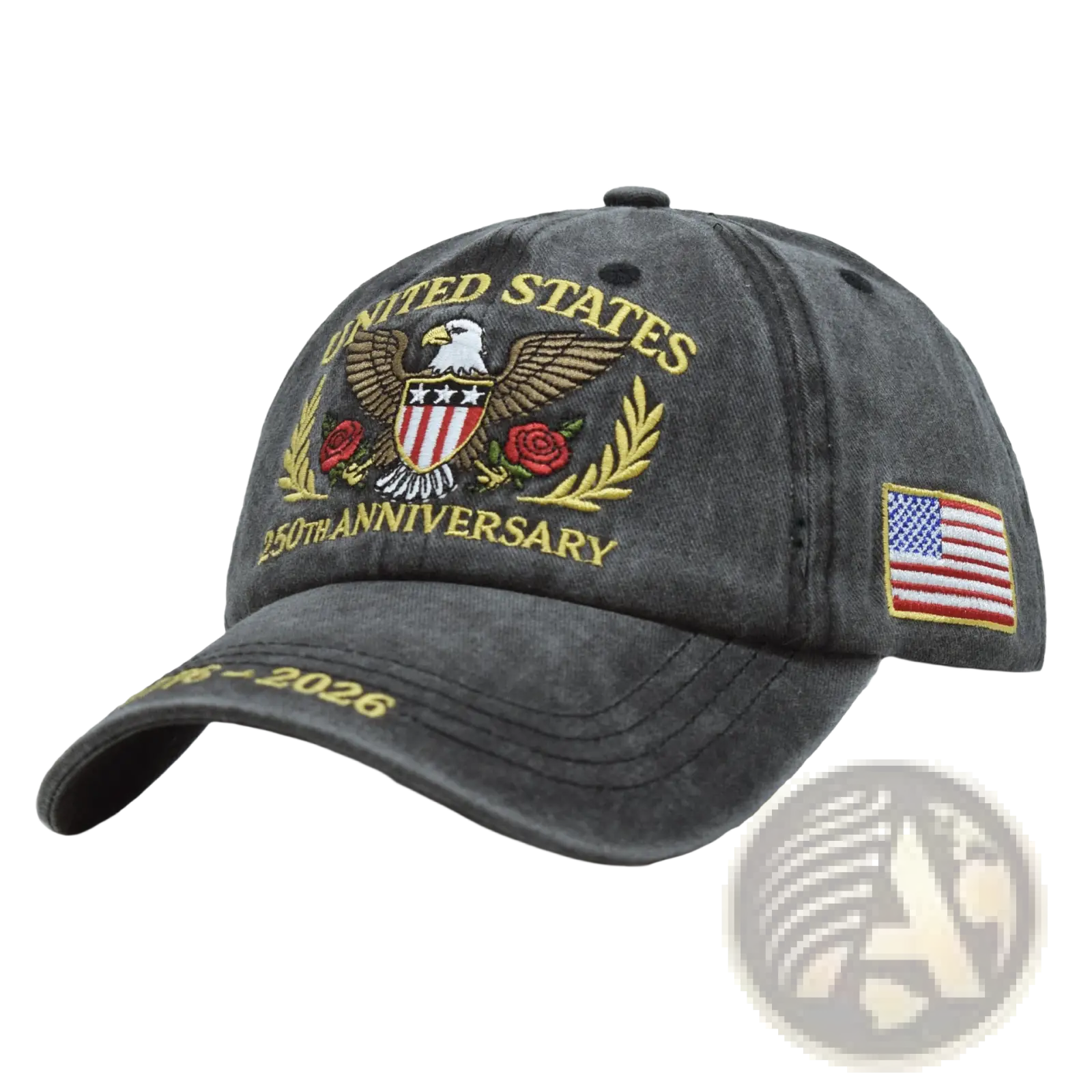 Dark gray distressed cotton baseball cap with embroidered U.S. for the 250th anniversary in a snapback style
