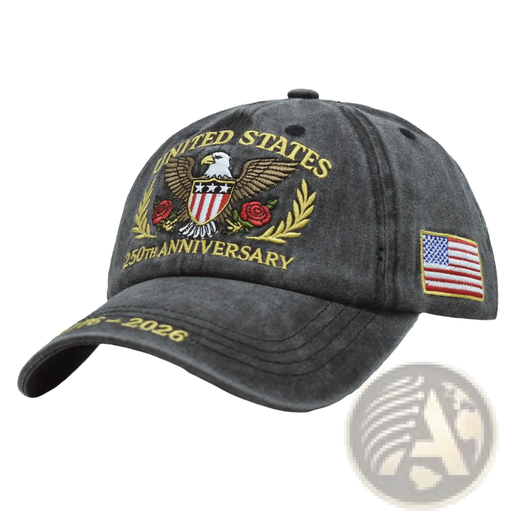 Dark gray distressed cotton baseball cap with embroidered U.S. for the 250th anniversary in a snapback style