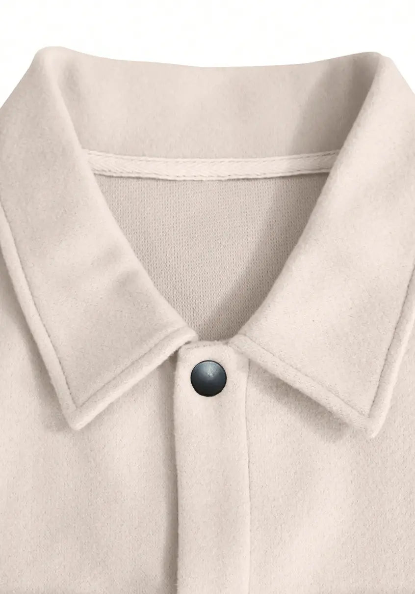 Men’s classic slim fit wool blend lapel jacket with beige fleece collar and single dark button.