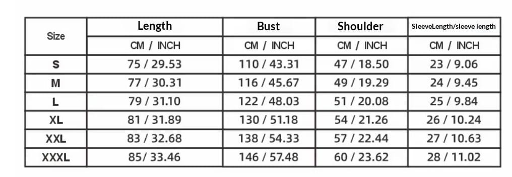 The table displays size measurements in centimeters and inches for the men’s textured bamboo linen short sleeve button down shirt from size S to XXXL.