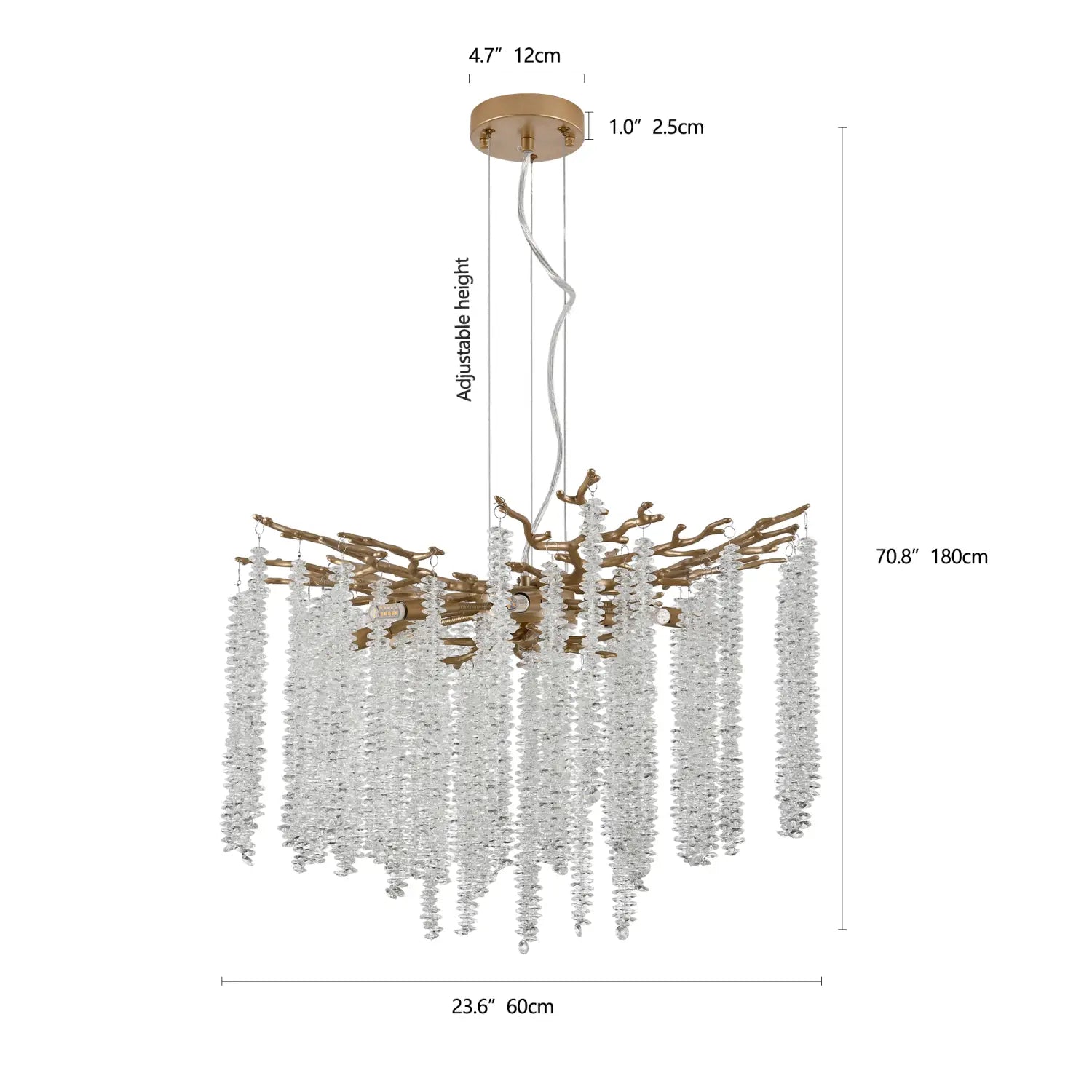 24 inch gold crystal waterfall pendant light featuring a gold-toned chandelier with a branching metal frame and cascading clear crystal droplets.