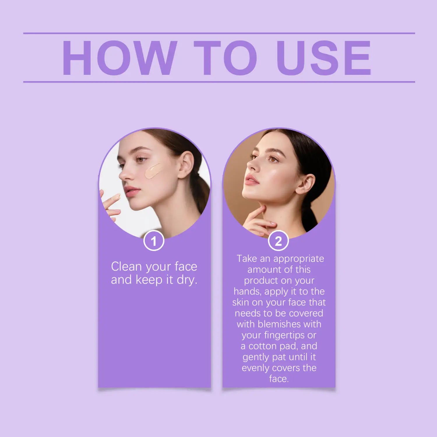 Purple instructional card on the back side of hydrating BB cream perfect cover serum foundation detailing application steps of the facial product.