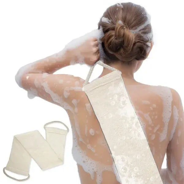 Cream-colored lace-backed premium bamboo fiber exfoliating back scrubber towel with elastic straps shown from the back side.