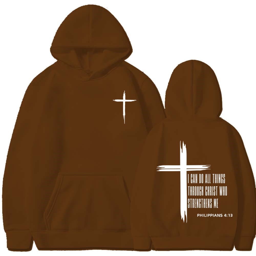 Sweat à capuche de type pullover marron, avec une croix blanche et le texte « i can do all things through Christ who strengthens me from Philippians 4:13 » imprimé au dos.