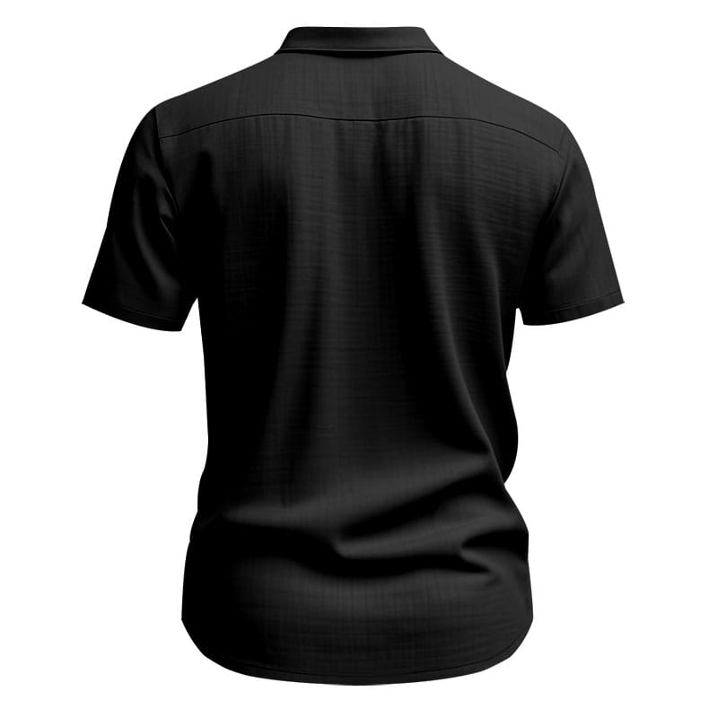 Herren-Leinenhemd mit kurzen Ärmeln in Schwarz mit taillierter Passform, klassischem Kragen und legerem Button-down-Design.