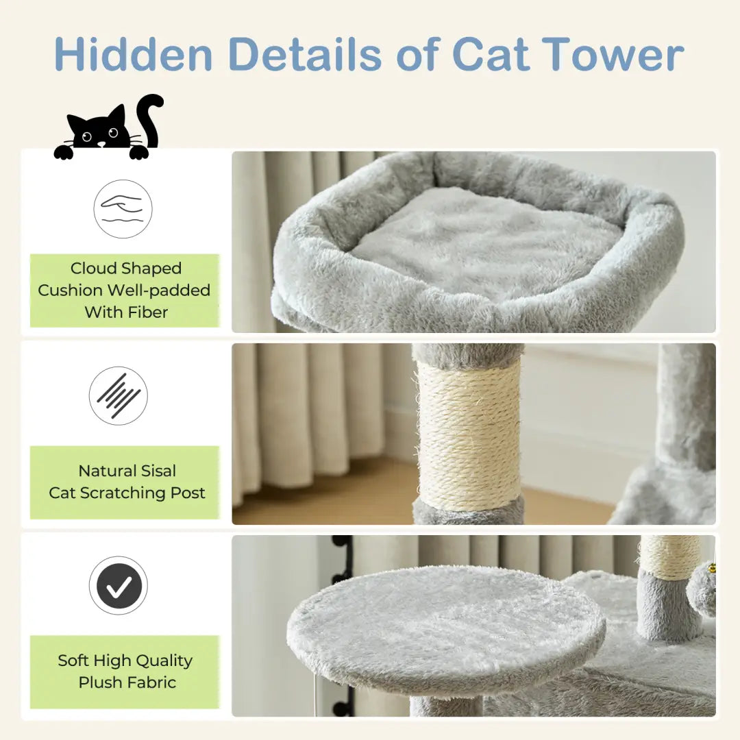 Gray cloud-shaped cat bed with plush fiber-filled cushioning as part of a 44 inch multi-level cat tree tower with sisal posts.