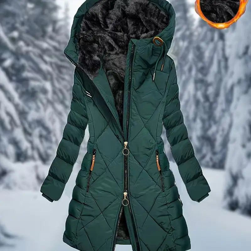 Damen-Winterjacke mit wattierter Kapuze in Dunkelgrün mit wattiertem Material, üppigem dunkelbraunem Fellbesatz an der Kapuze und goldfarbenen Zippern zur Verwendung bei kaltem Wetter.