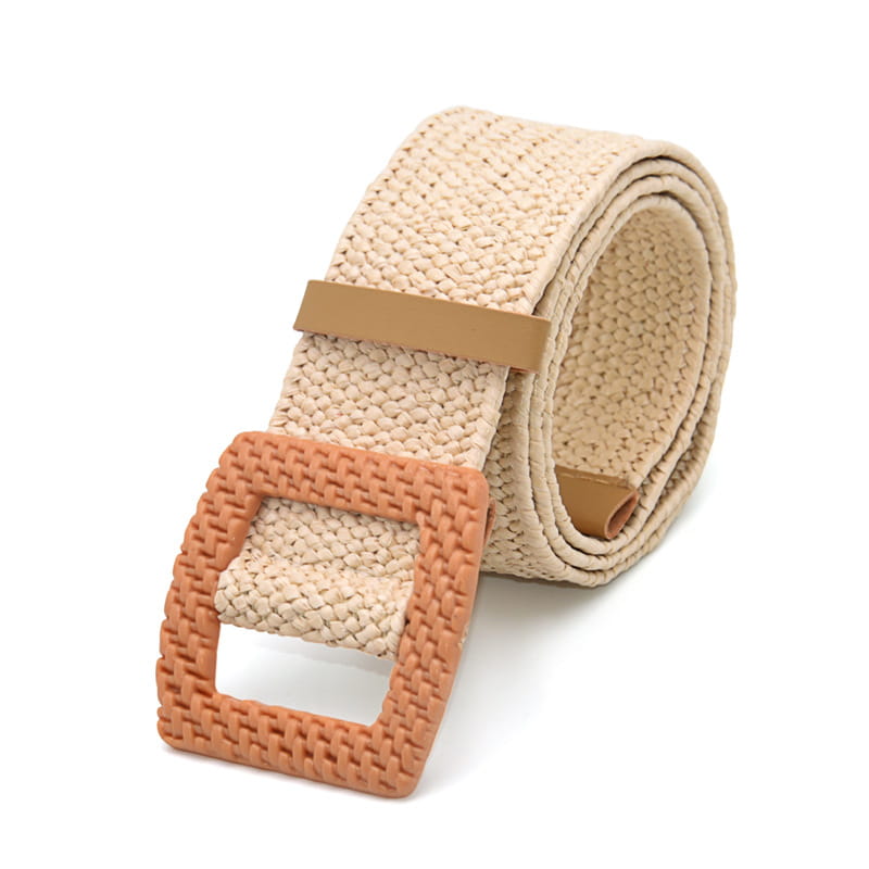 beige woven elastic belt featuring a tan square buckle suitable for casual and formal wear