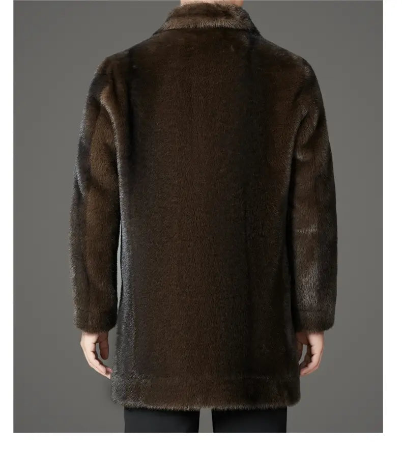 Men’s furs shearling double breasted winter coat in rich dark brown with plush luxurious fur and matching collar.