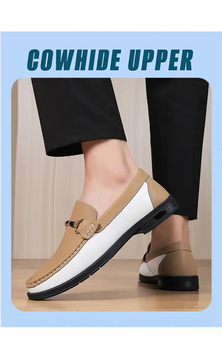 Mocassins décontractés en cuir pour homme à mors de cheval en beige et en cuir pleine fleur blanc, avec semelle en caoutchouc noire.