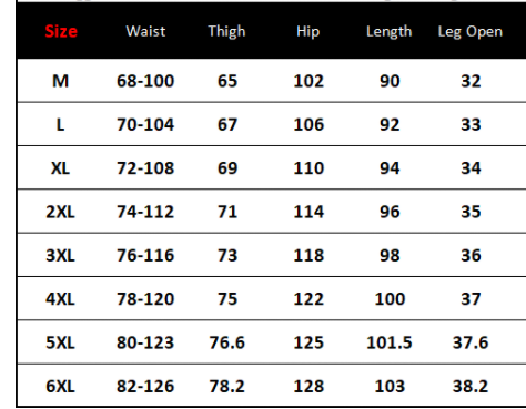 The image shows a size chart in inches for men’s relaxed fit drawstring linen joggers available in sizes m to 6xl.
