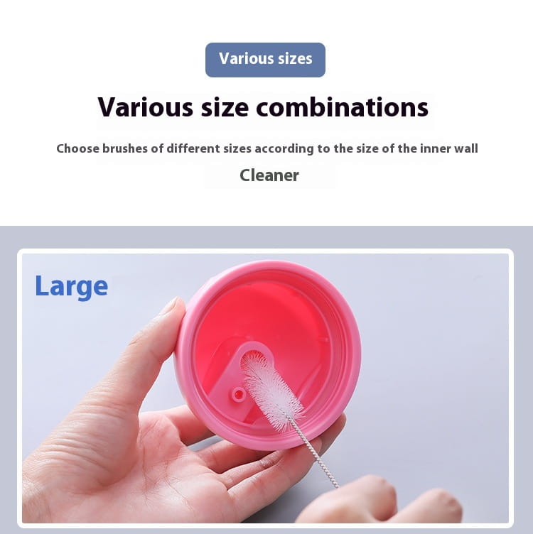 pink plastic lid with white nylon bristle brush attached to stainless steel wire handle for cleaning the inside of cups or bottles from nylon straw cleaning brush set stainless steel 10pc