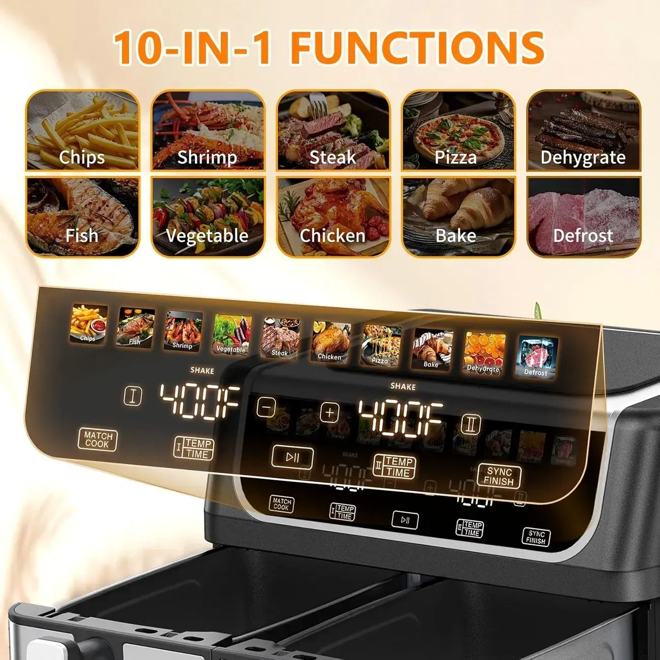 Schwarze und silberne Doppelkörbchen-Heißluftfritteuse mit 9,5 Quart Fassungsvermögen, mit digitalem Display, das 400 °F und 10 Voreinstellungen anzeigt, für Chips, Garnelen, Steak, Pizza, Dörren, Fisch, Gemüse, Hähnchen, Backen und Auftauen.