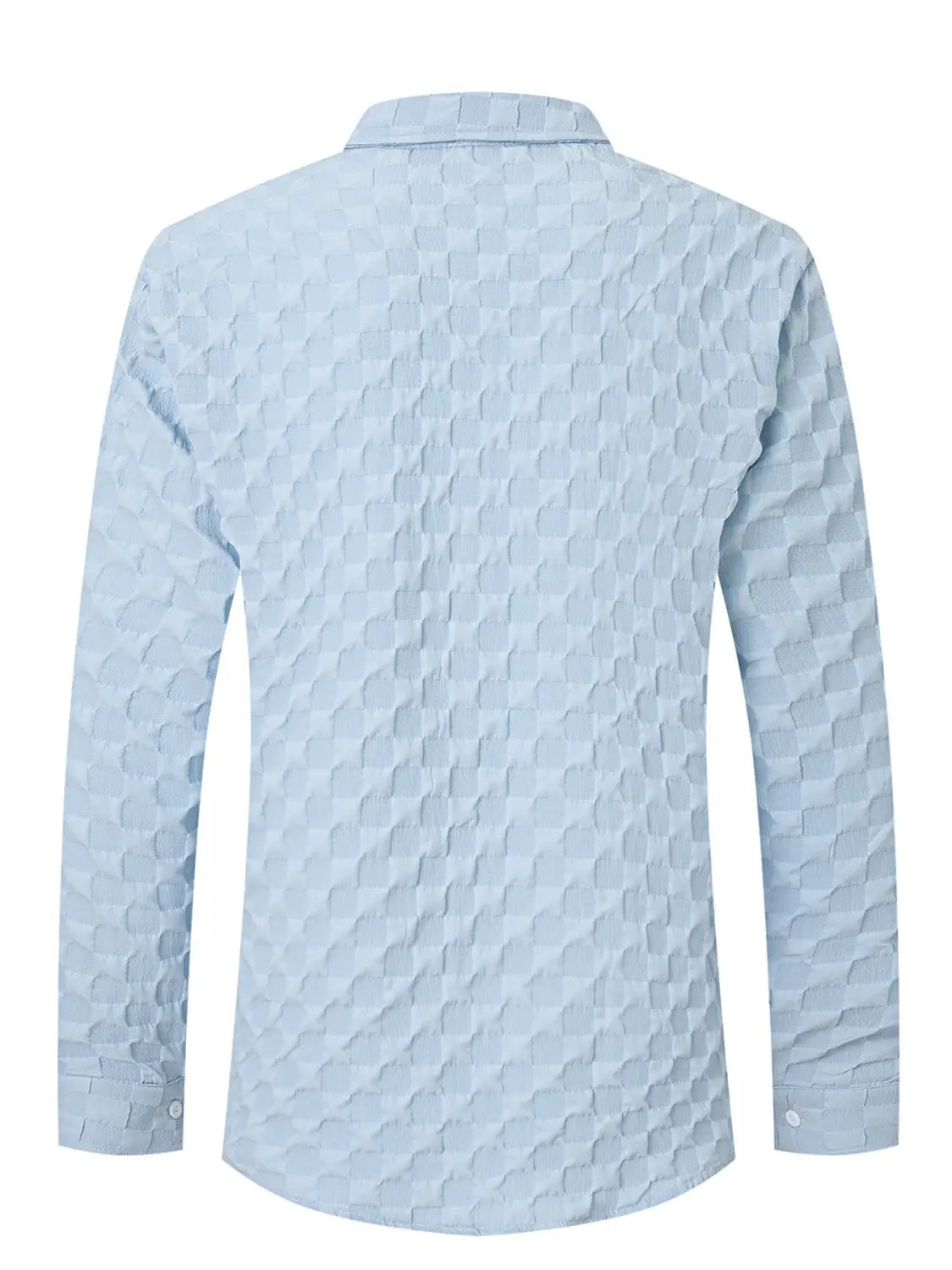 Men jacquard plaid long sleeve button down shirt in light blue with a subtle hexagonal texture pattern.