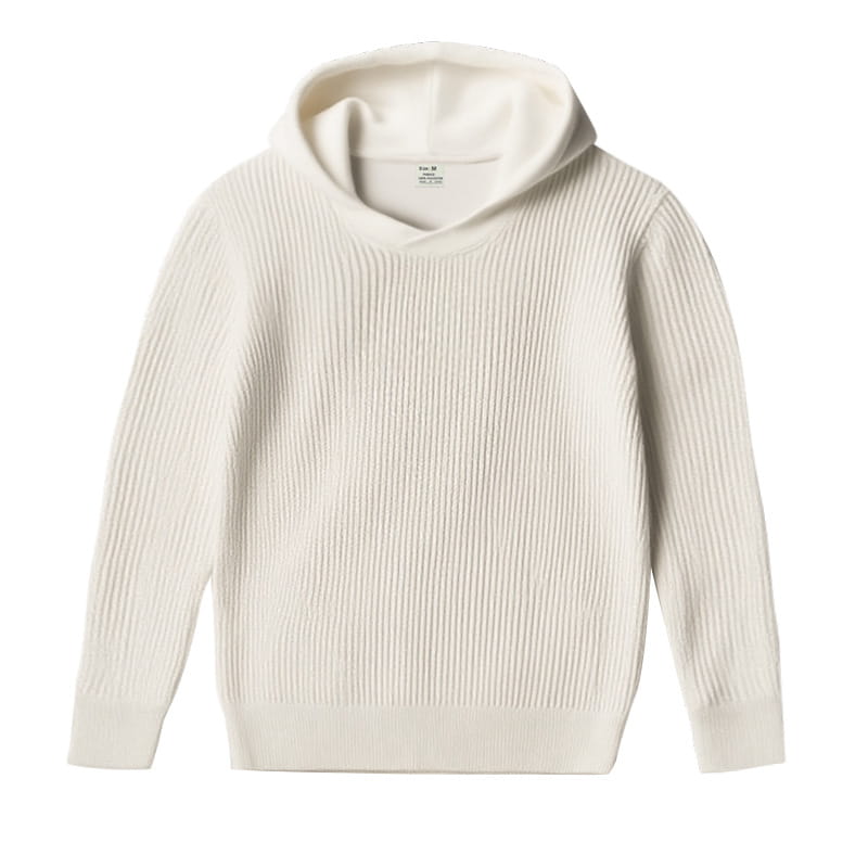 Sudadera tipo jersey para hombre de invierno engrosada en punto acanalado color crema, con textura suave y acogedora y diseño clásico de capucha.